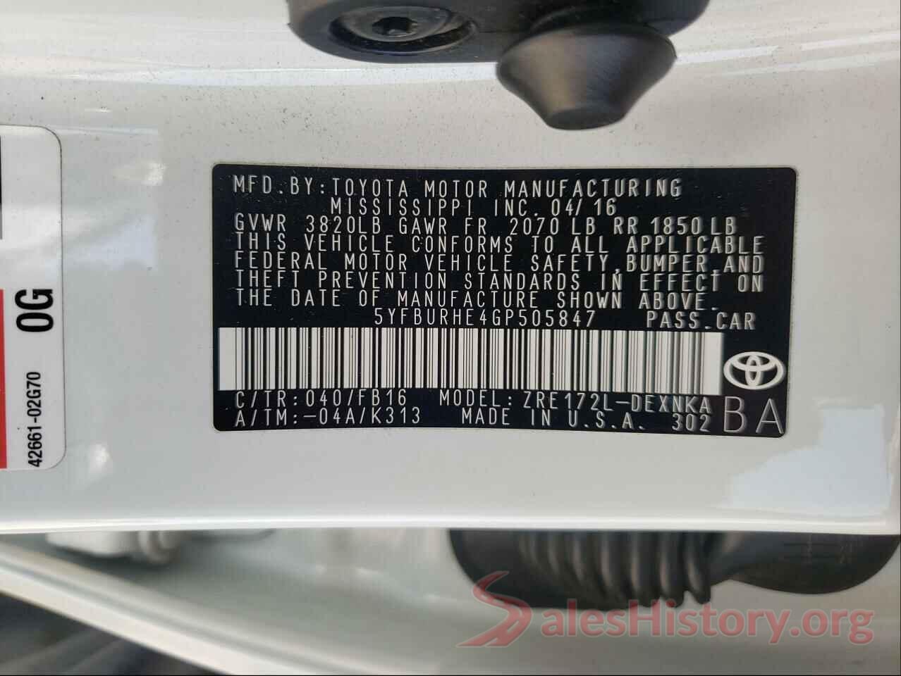 5YFBURHE4GP505847 2016 TOYOTA COROLLA