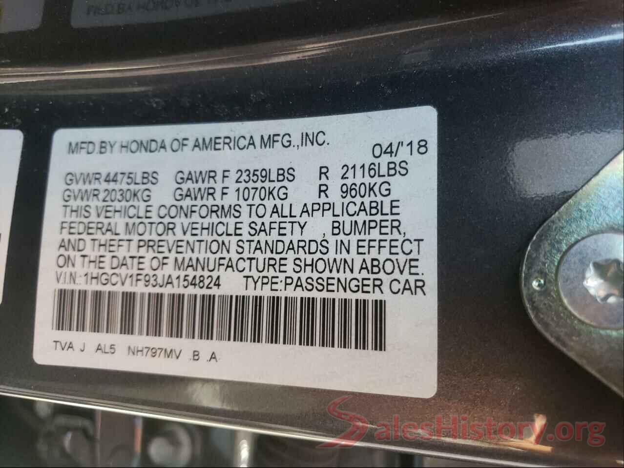 1HGCV1F93JA154824 2018 HONDA ACCORD