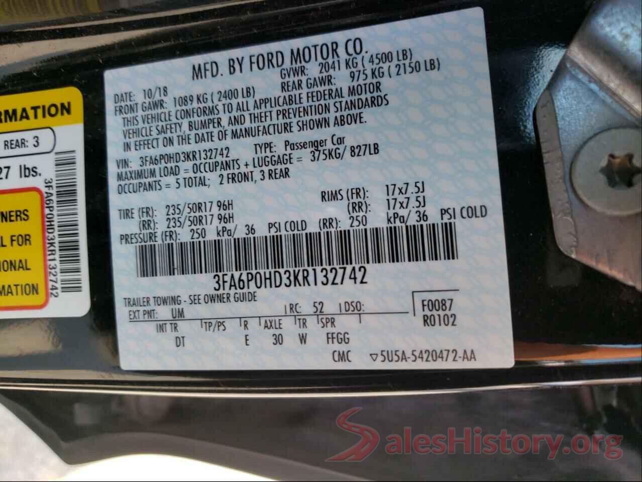 3FA6P0HD3KR132742 2019 FORD FUSION