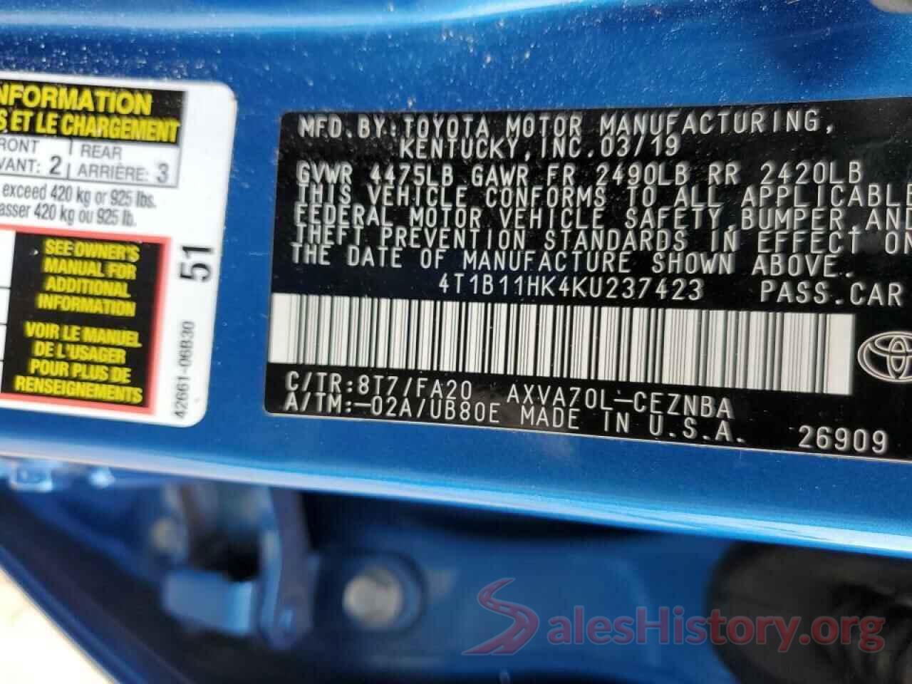 4T1B11HK4KU237423 2019 TOYOTA CAMRY