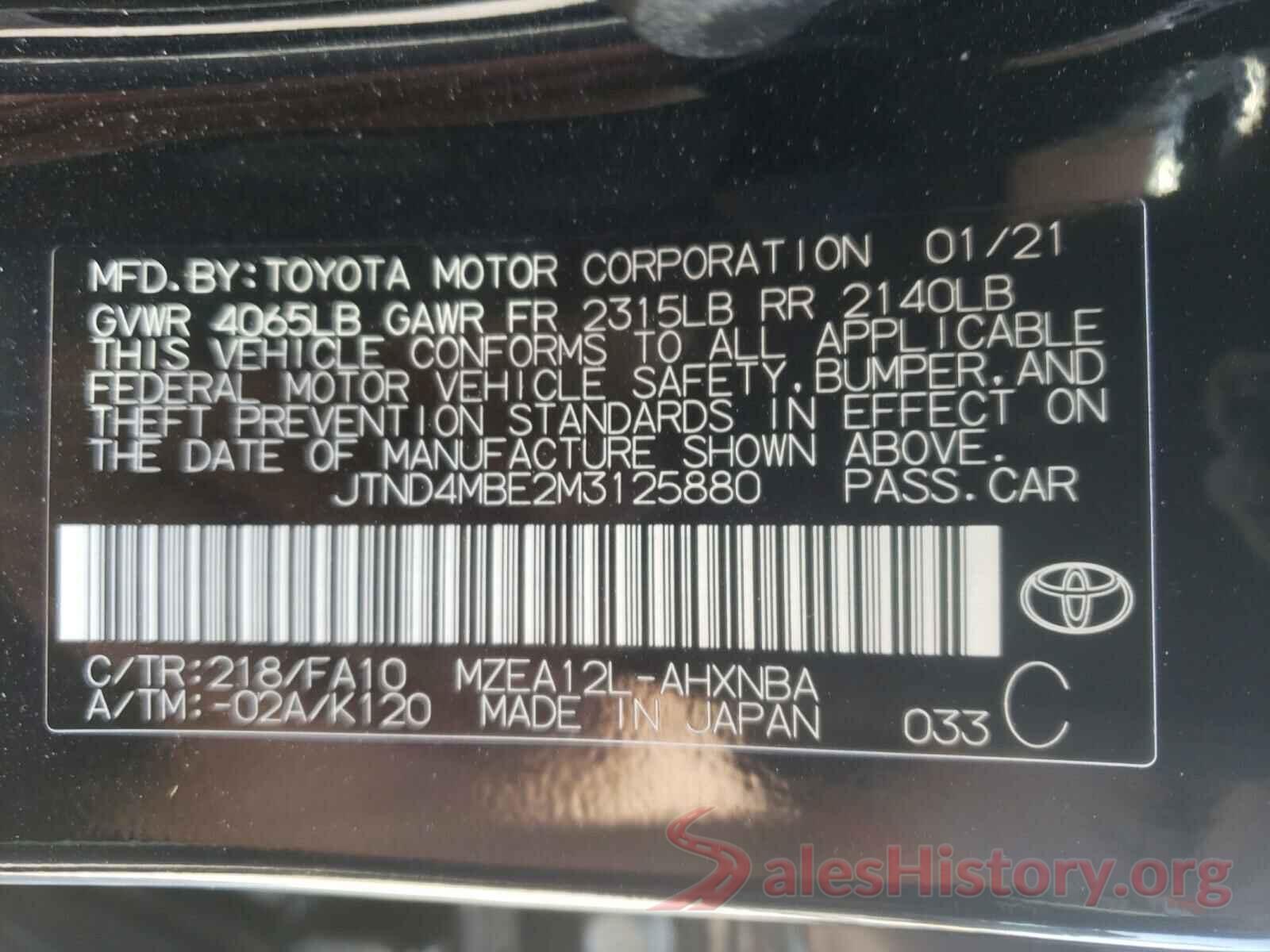 JTND4MBE2M3125880 2021 TOYOTA COROLLA