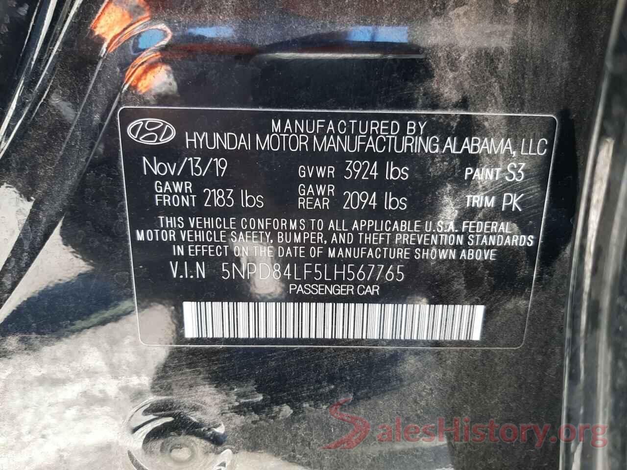 5NPD84LF5LH567765 2020 HYUNDAI ELANTRA