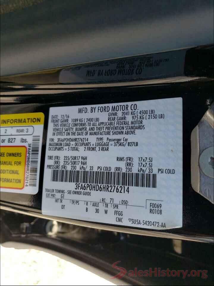 3FA6P0HD6HR276214 2017 FORD FUSION