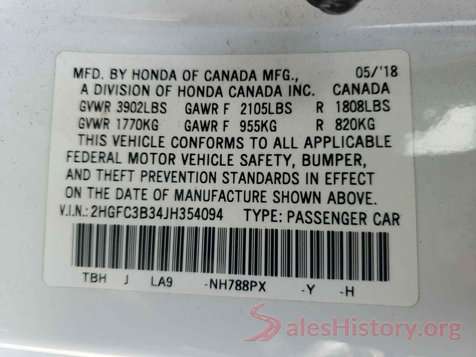 2HGFC3B34JH354094 2018 HONDA CIVIC