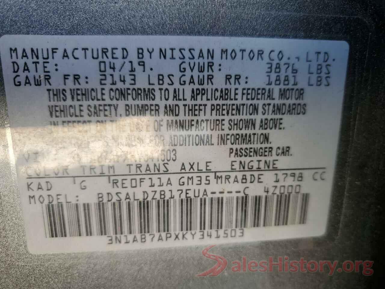 3N1AB7APXKY341503 2019 NISSAN SENTRA