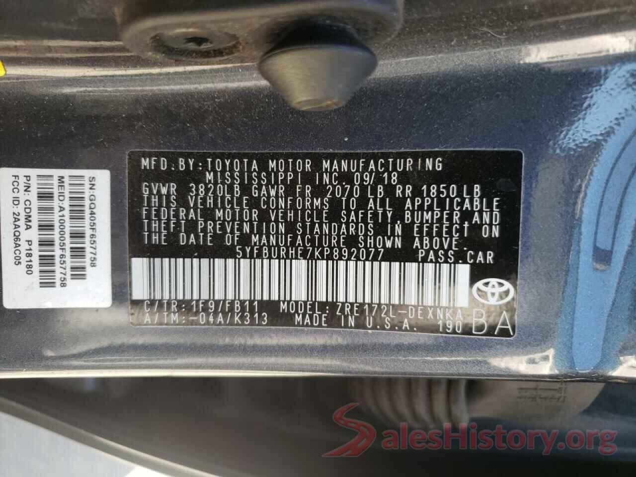 5YFBURHE7KP892077 2019 TOYOTA COROLLA