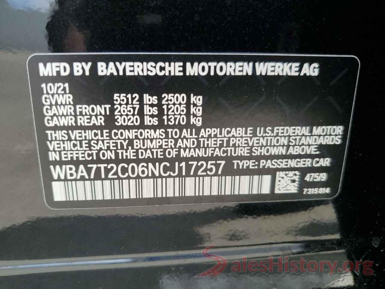 WBA7T2C06NCJ17257 2022 BMW 7 SERIES