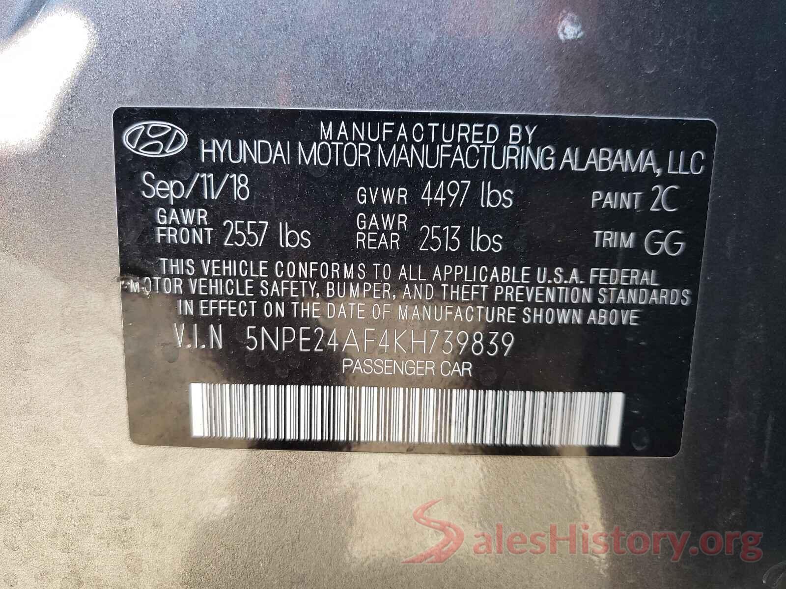 5NPE24AF4KH739839 2019 HYUNDAI SONATA