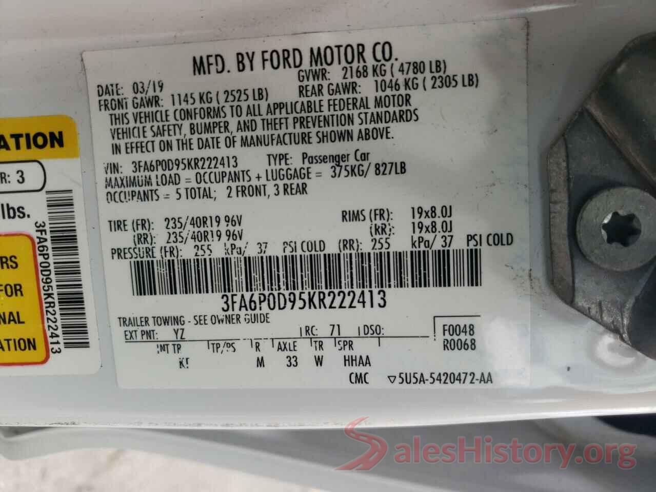 3FA6P0D95KR222413 2019 FORD FUSION