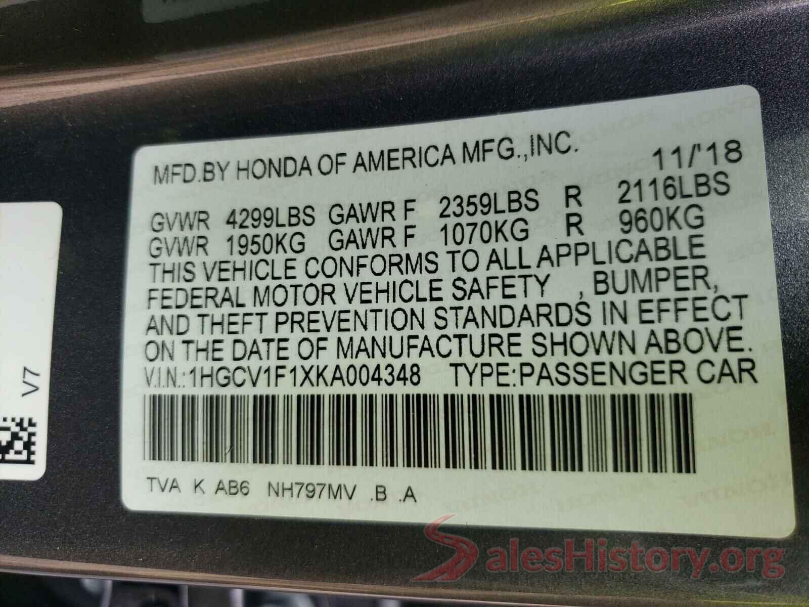 1HGCV1F1XKA004348 2019 HONDA ACCORD