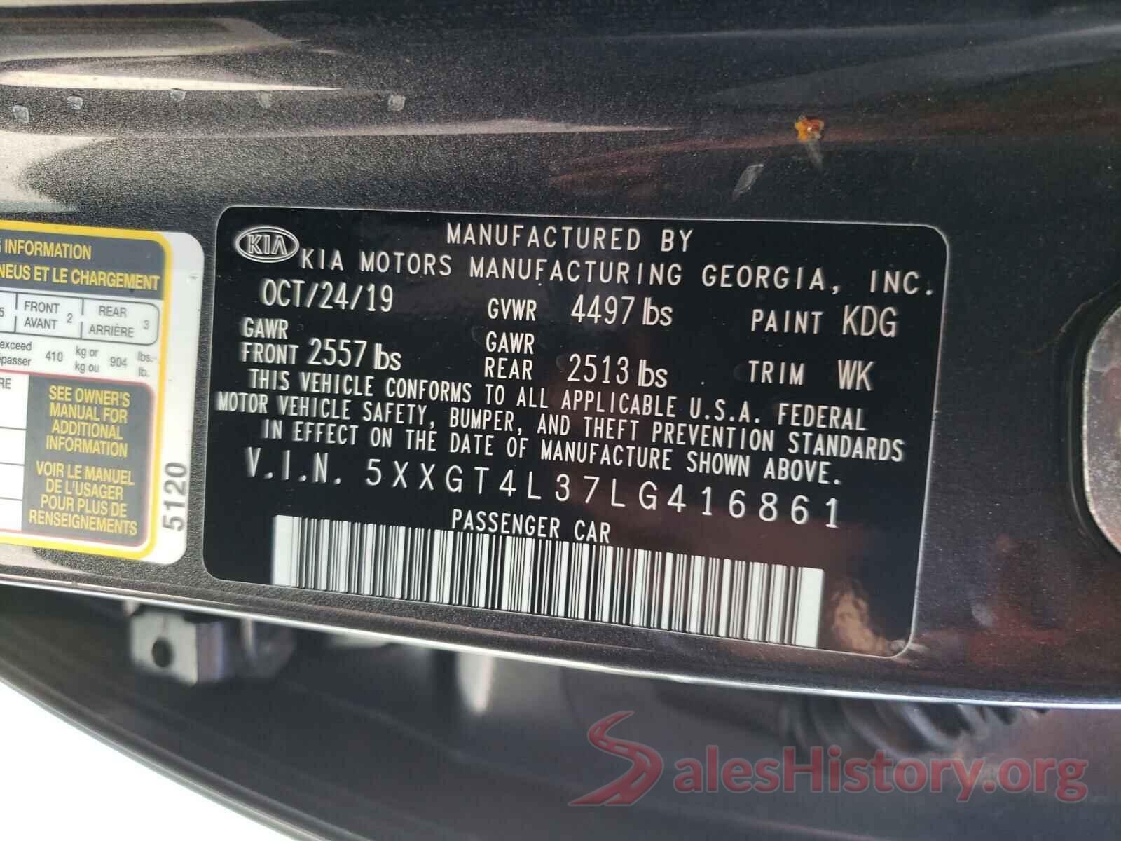 5XXGT4L37LG416861 2020 KIA OPTIMA