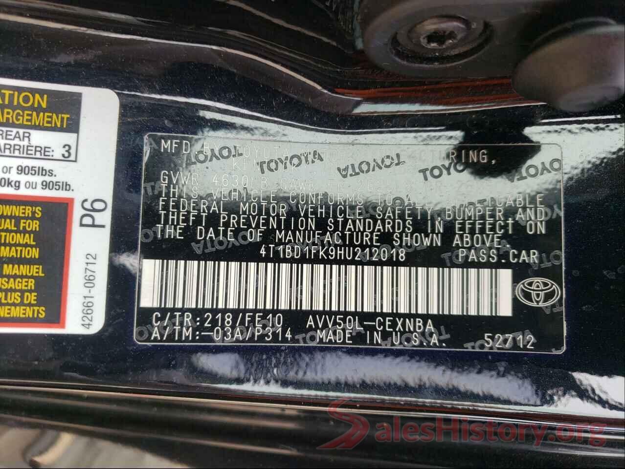 4T1BD1FK9HU212018 2017 TOYOTA CAMRY