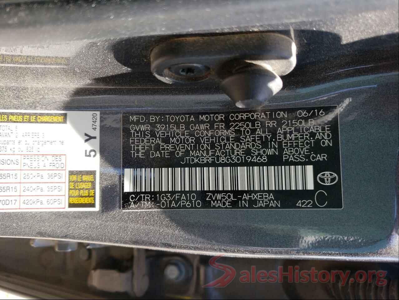 JTDKBRFU8G3019468 2016 TOYOTA PRIUS