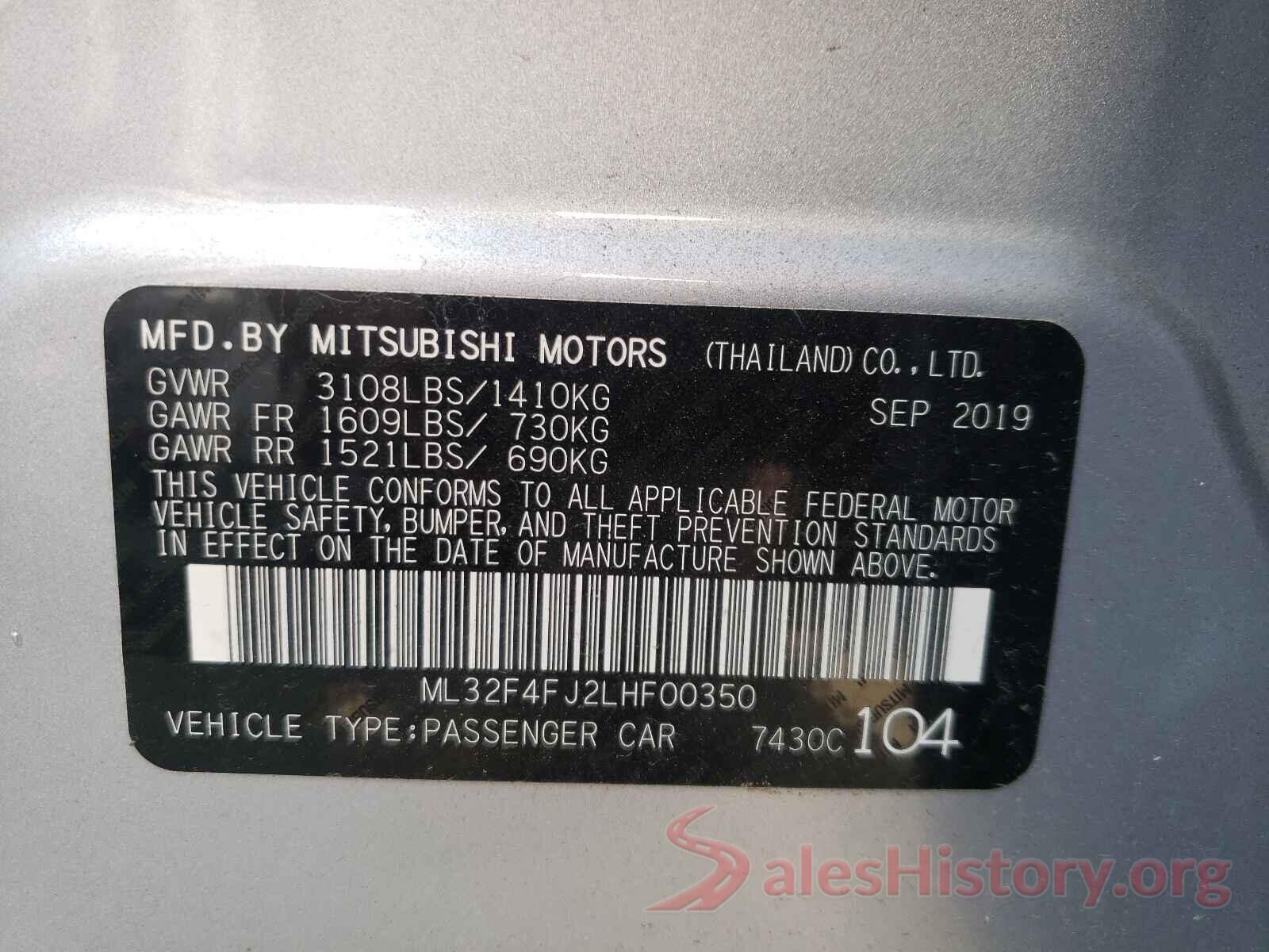 ML32F4FJ2LHF00350 2020 MITSUBISHI MIRAGE