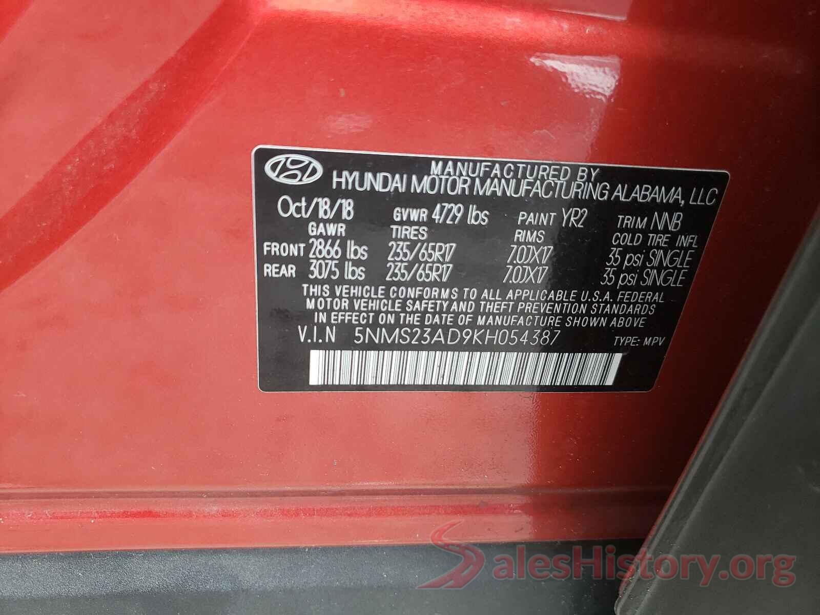 5NMS23AD9KH054387 2019 HYUNDAI SANTA FE