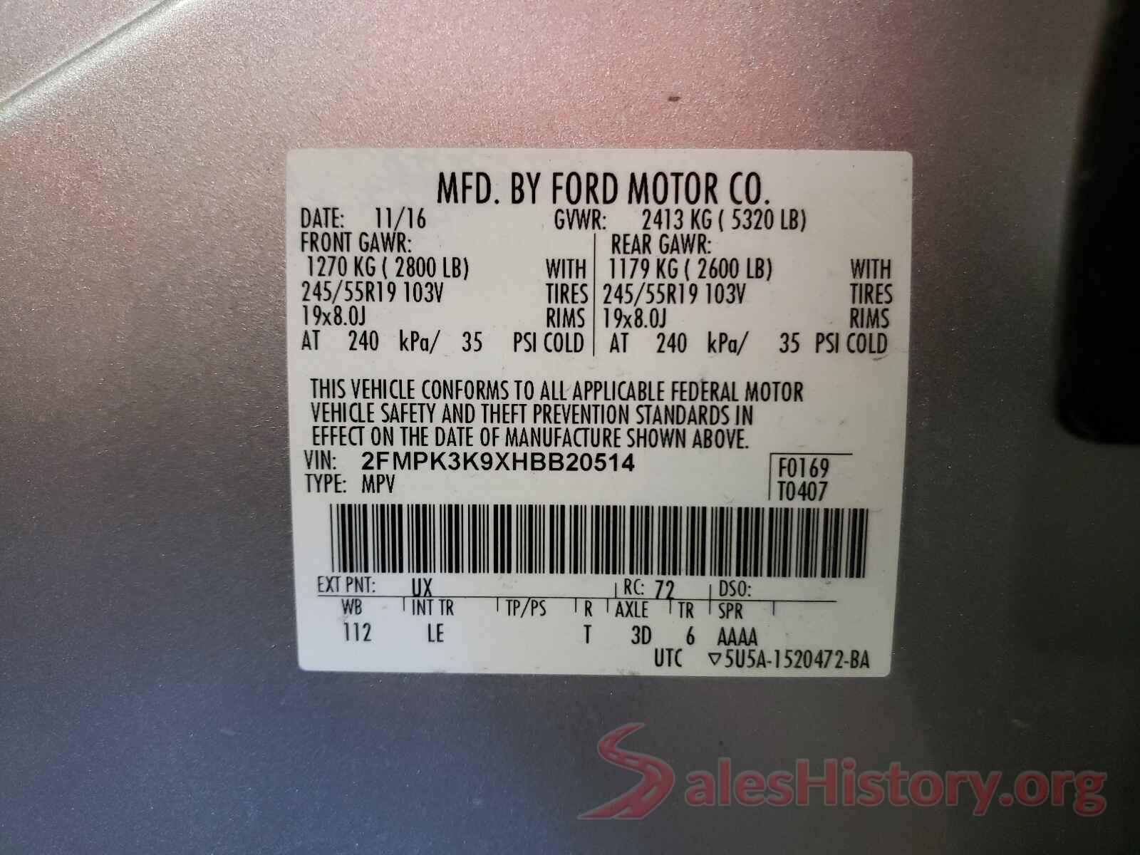 2FMPK3K9XHBB20514 2017 FORD EDGE