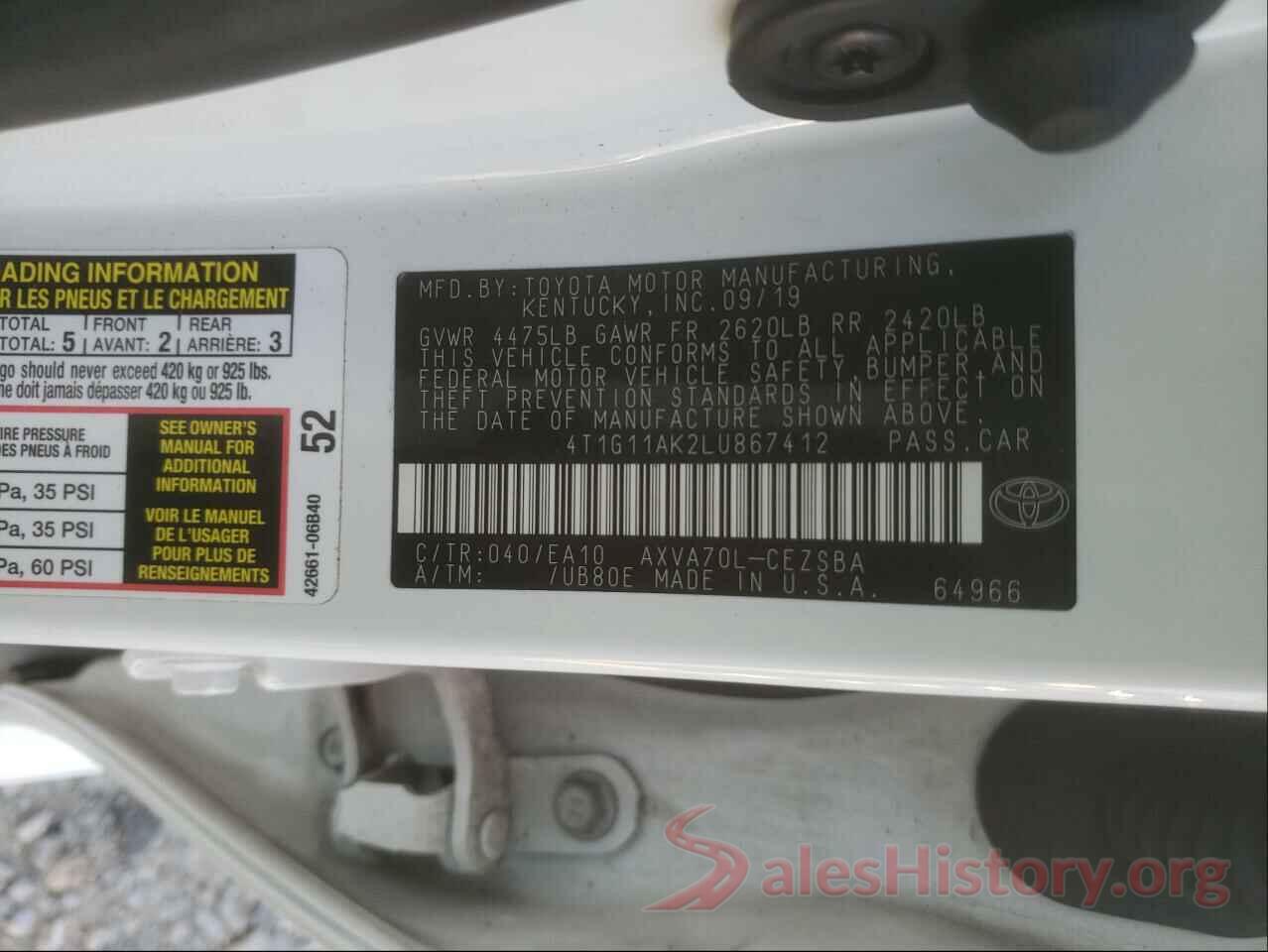 4T1G11AK2LU867412 2020 TOYOTA CAMRY