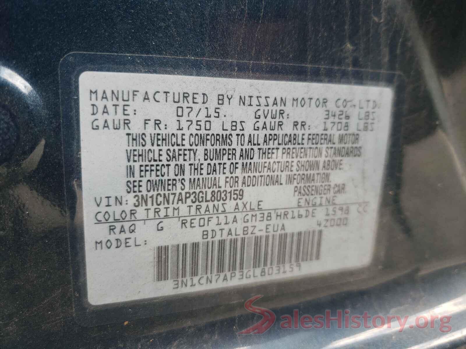 3N1CN7AP3GL803159 2016 NISSAN VERSA