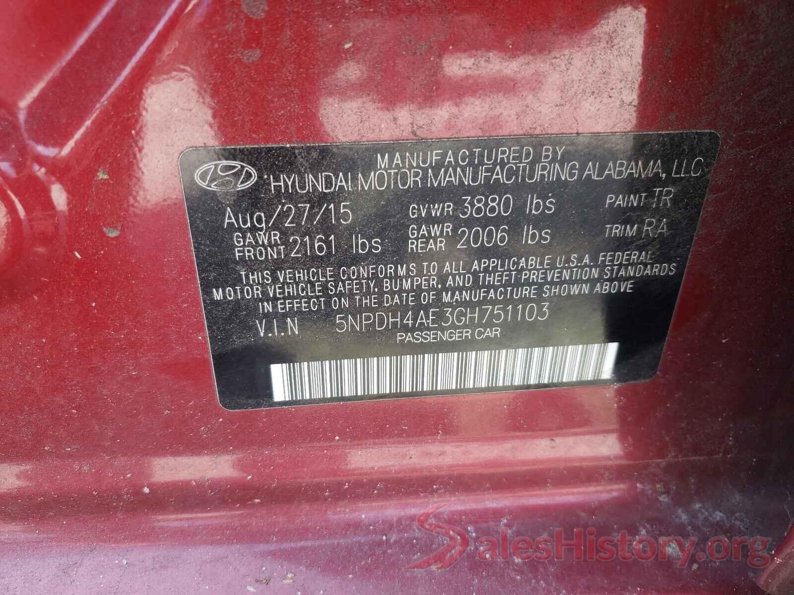 5NPDH4AE3GH751103 2016 HYUNDAI ELANTRA