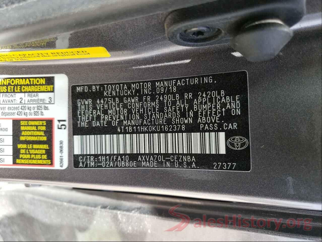 4T1B11HK0KU162378 2019 TOYOTA CAMRY