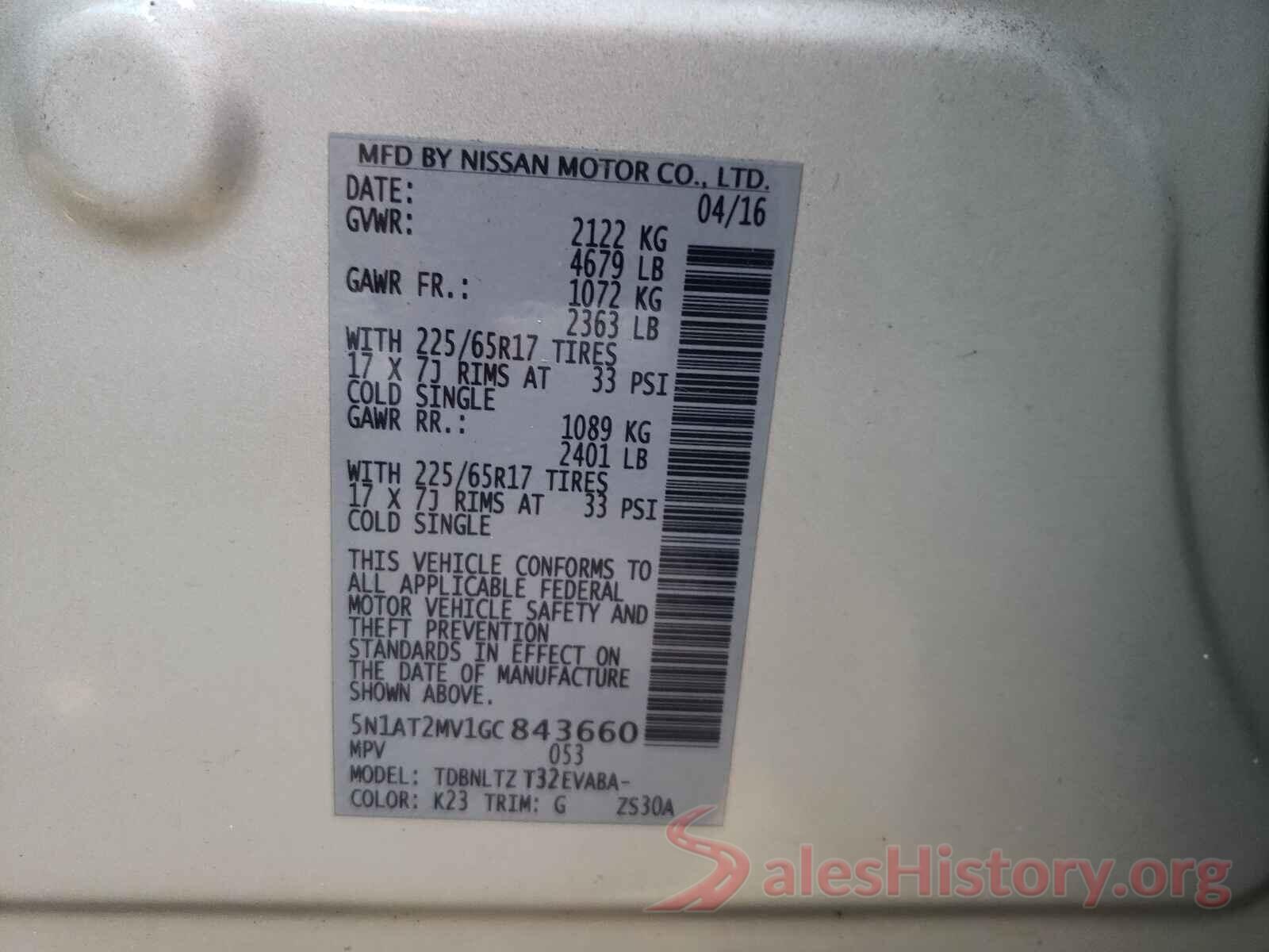 5N1AT2MV1GC843660 2016 NISSAN ROGUE