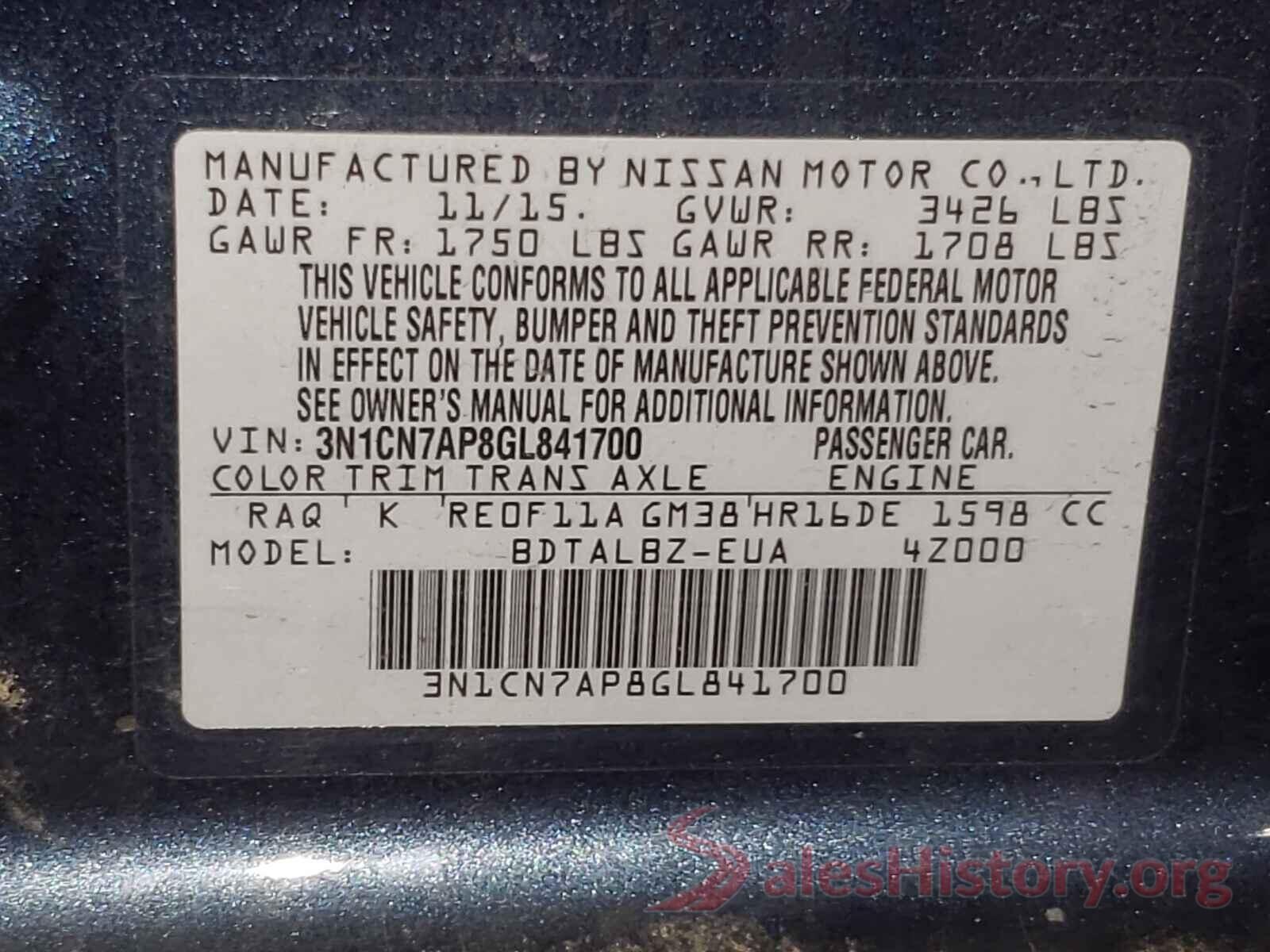 3N1CN7AP8GL841700 2016 NISSAN VERSA