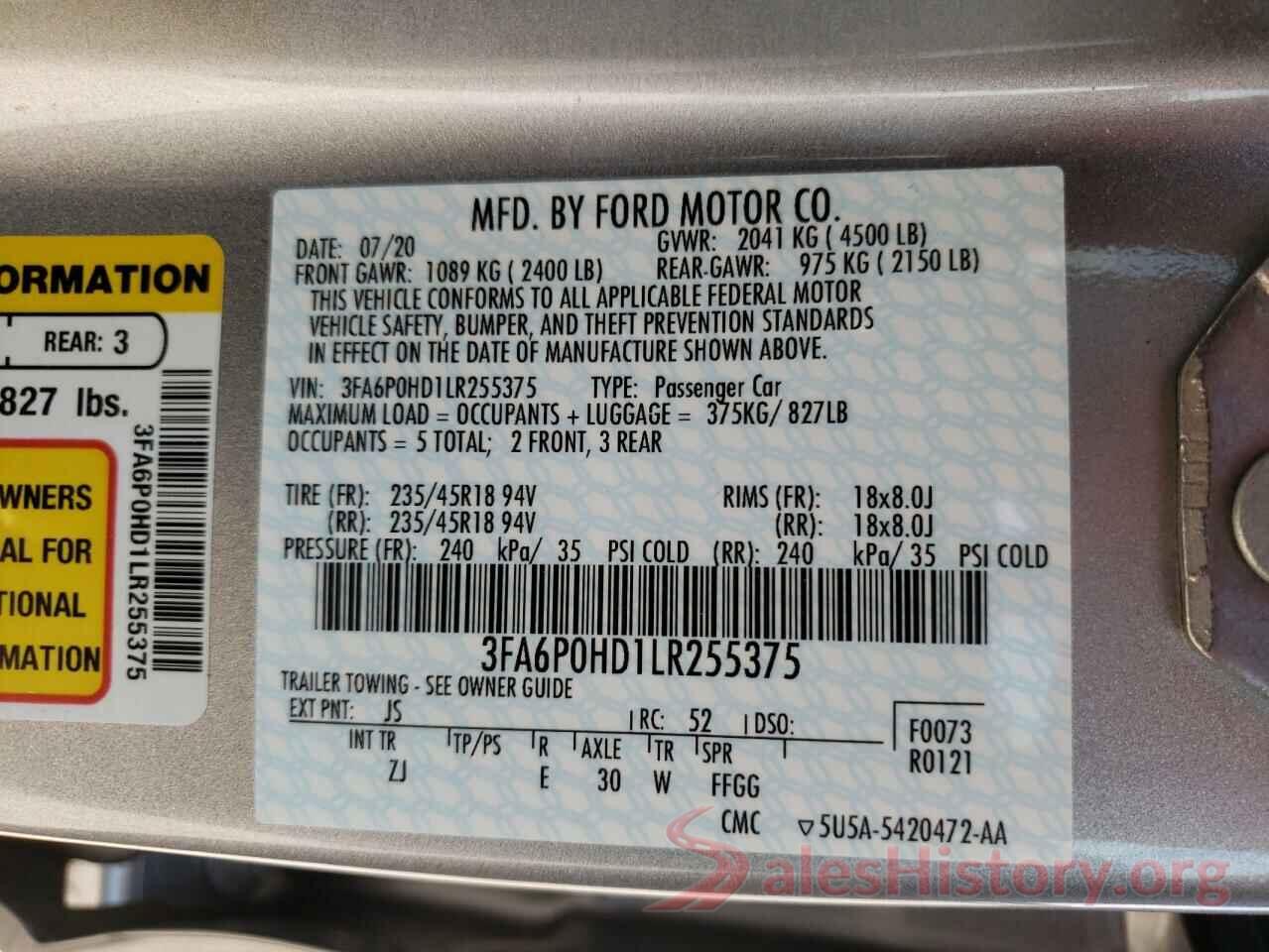 3FA6P0HD1LR255375 2020 FORD FUSION