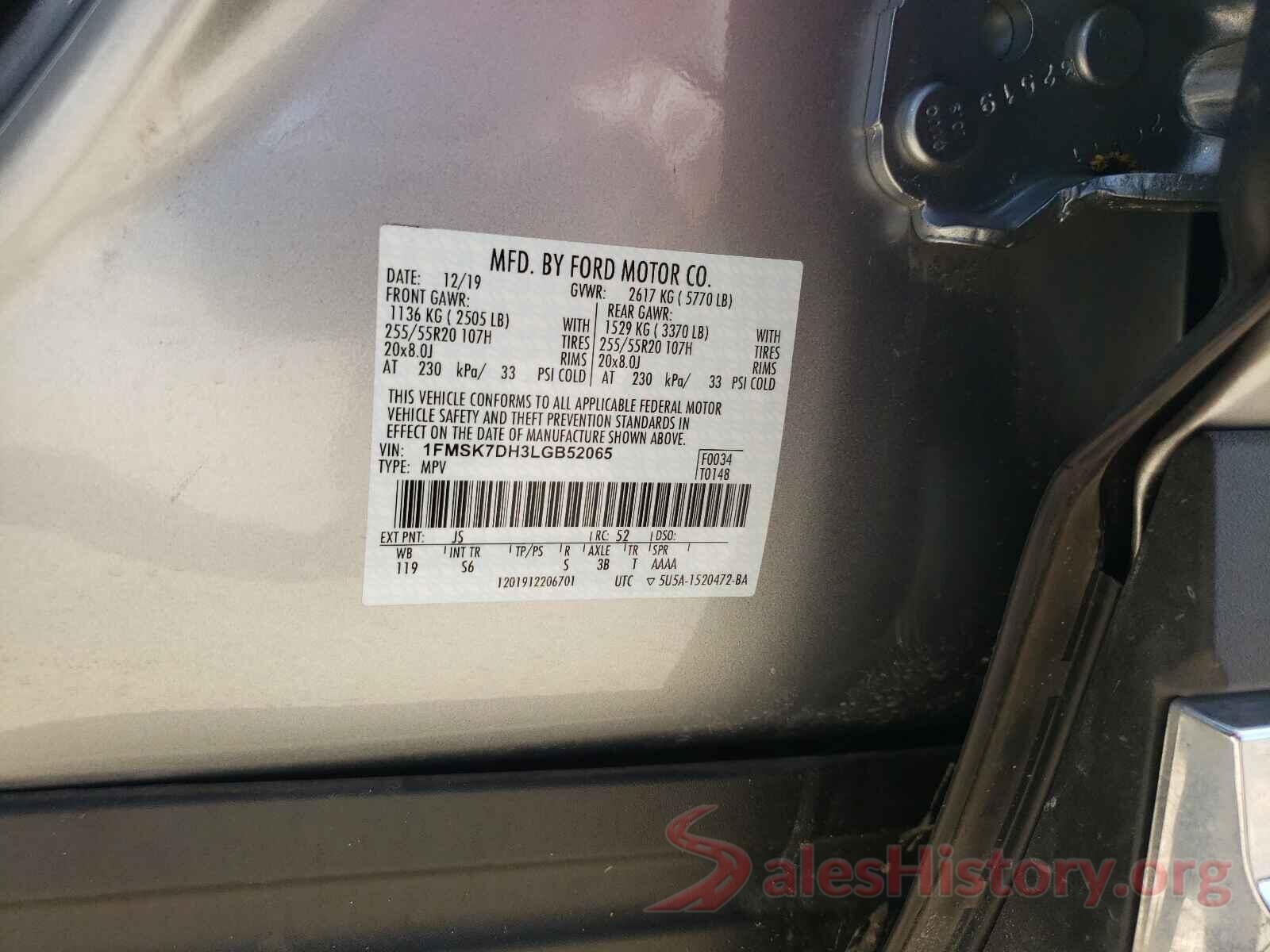 1FMSK7DH3LGB52065 2020 FORD EXPLORER