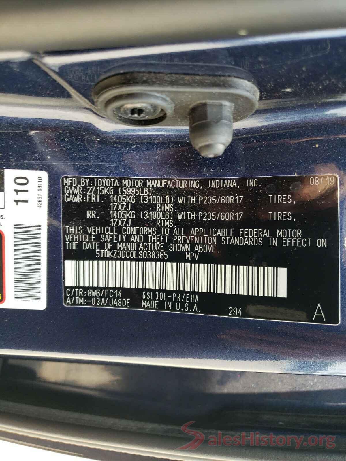 5TDKZ3DC0LS038365 2020 TOYOTA SIENNA