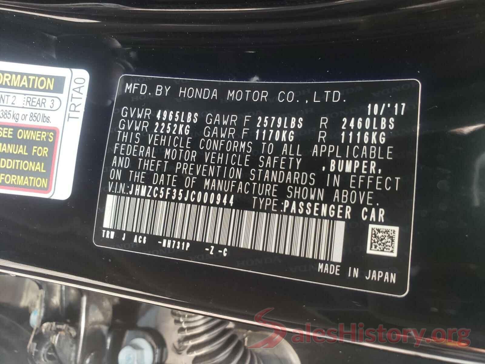 JHMZC5F35JC000944 2018 HONDA CLARITY