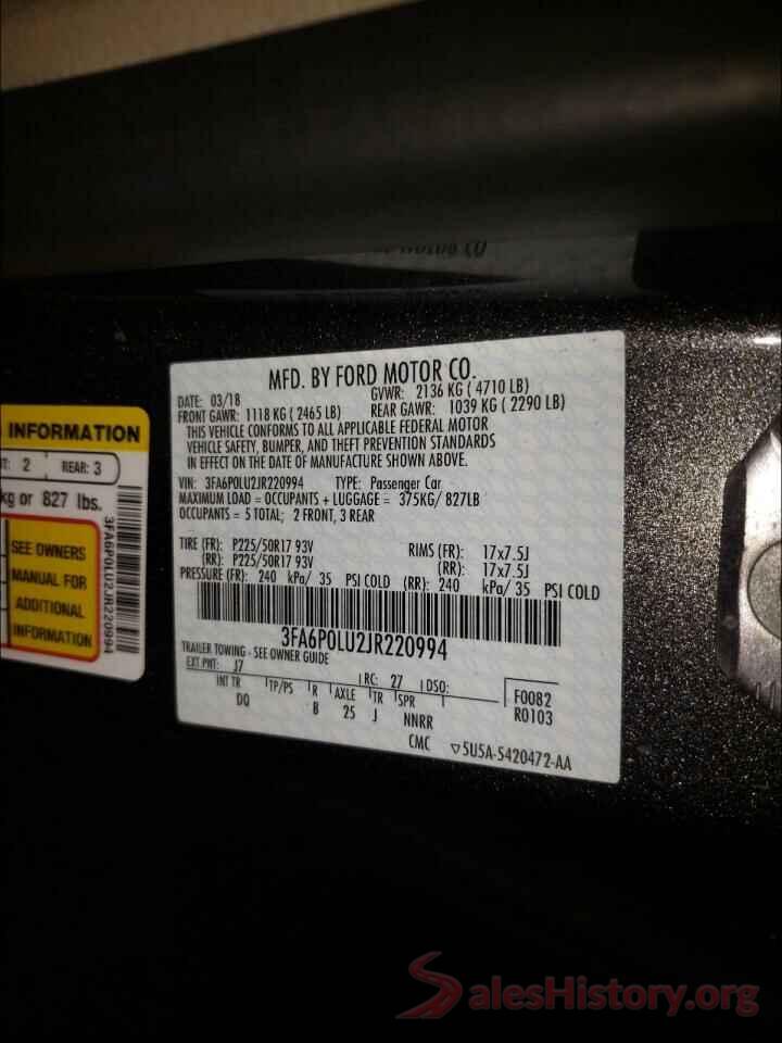 3FA6P0LU2JR220994 2018 FORD FUSION