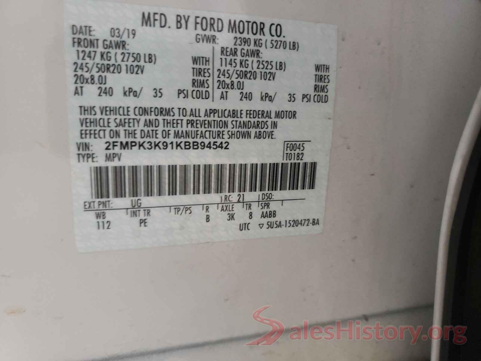 2FMPK3K91KBB94542 2019 FORD EDGE