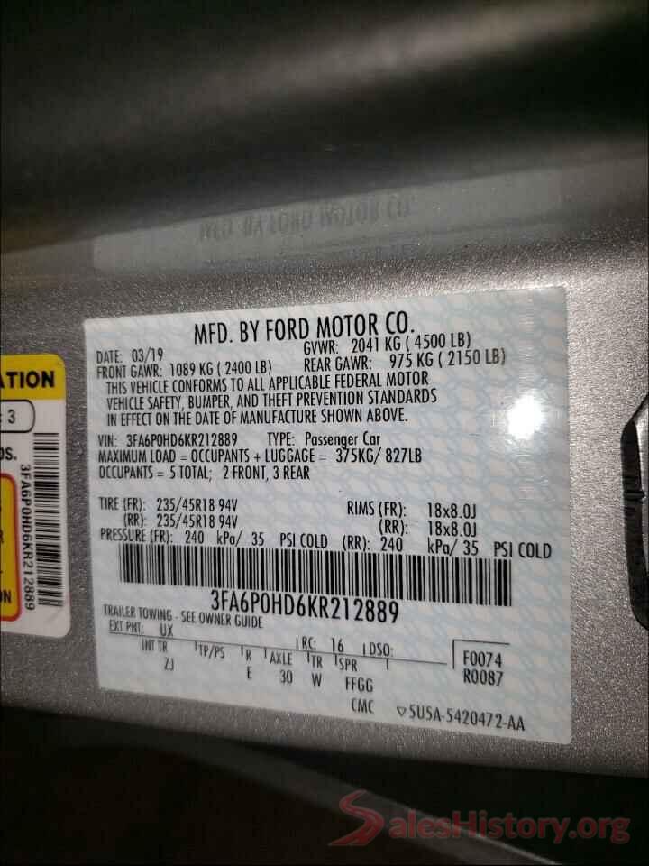 3FA6P0HD6KR212889 2019 FORD FUSION