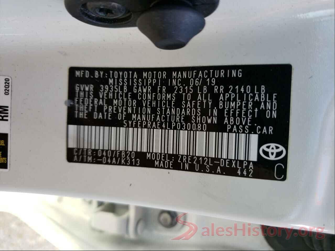 5YFEPRAE4LP030080 2020 TOYOTA COROLLA