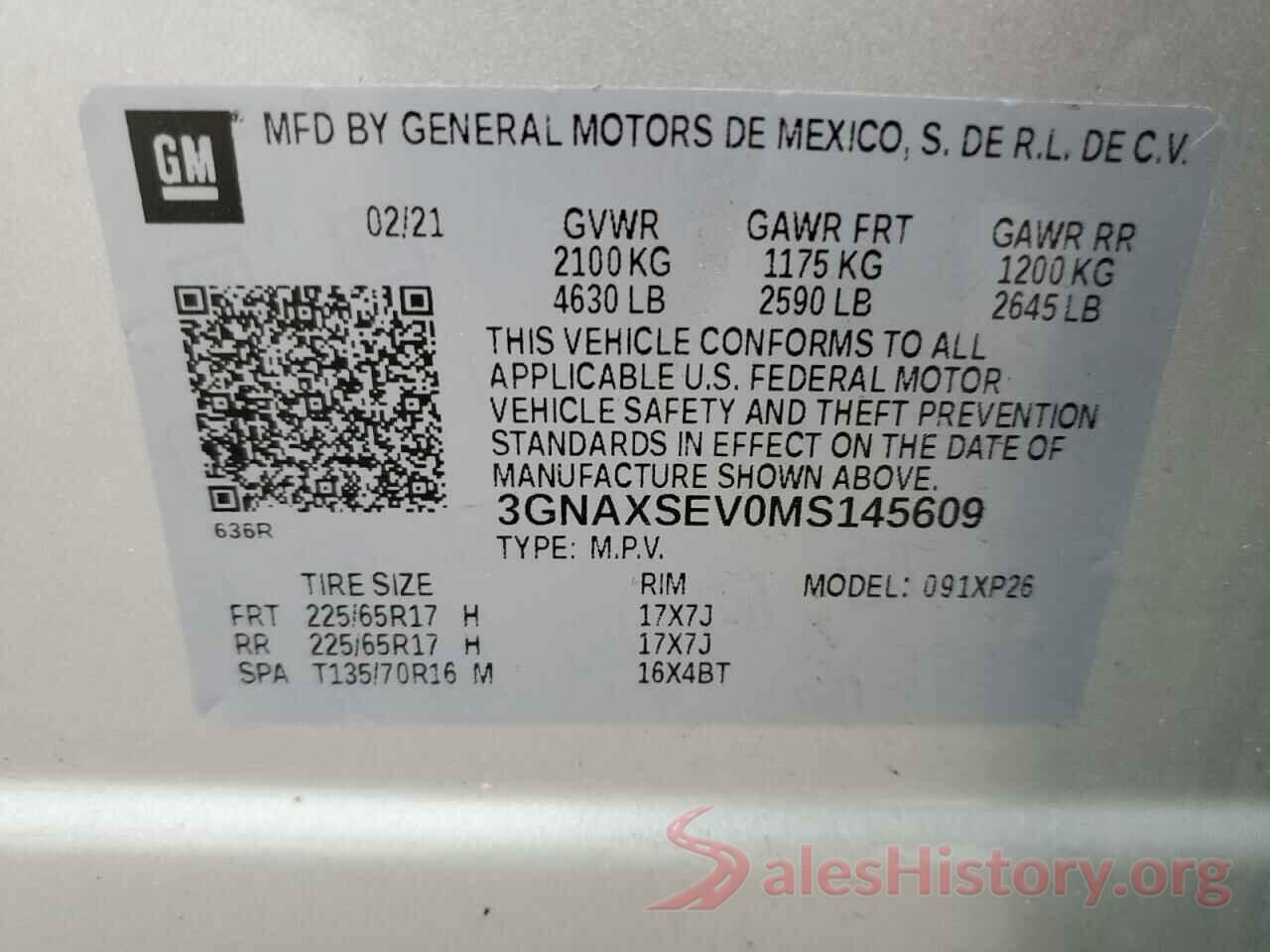 3GNAXSEV0MS145609 2021 CHEVROLET EQUINOX