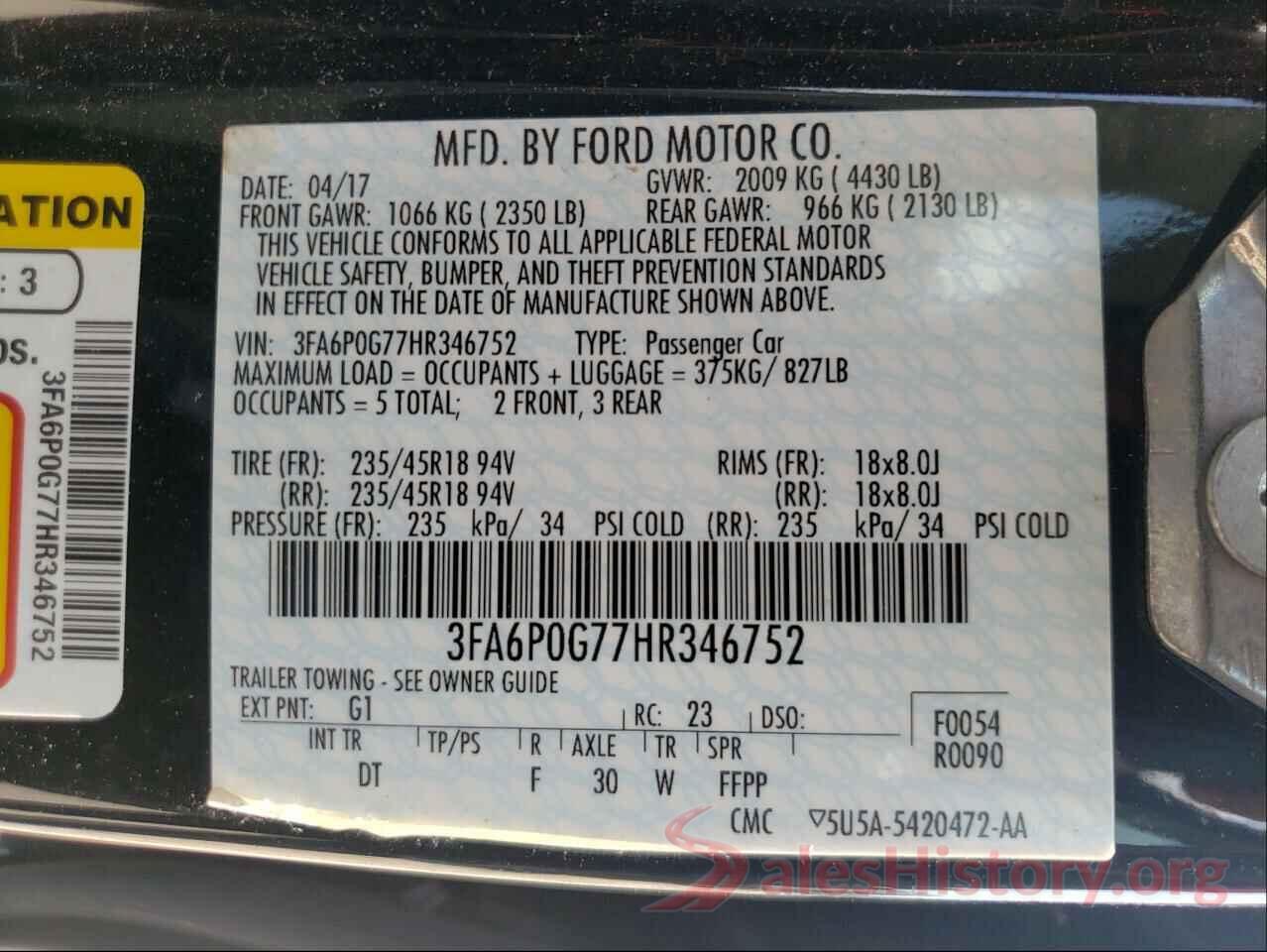 3FA6P0G77HR346752 2017 FORD FUSION