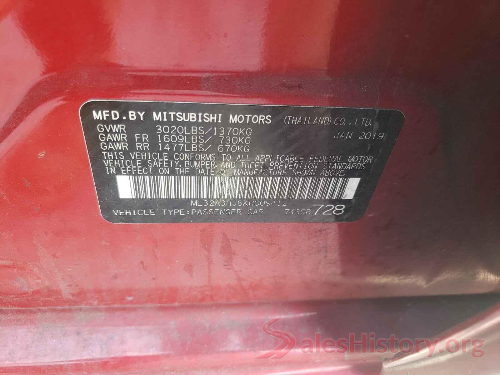 ML32A3HJ6KH009412 2019 MITSUBISHI MIRAGE