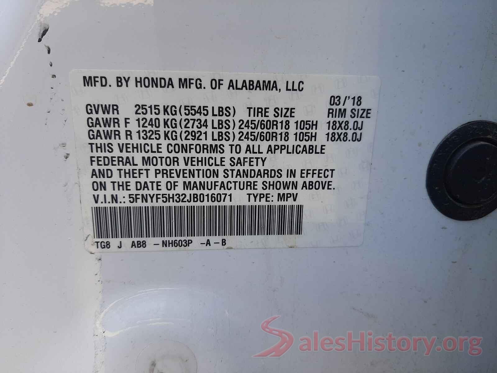 5FNYF5H32JB016071 2018 HONDA PILOT