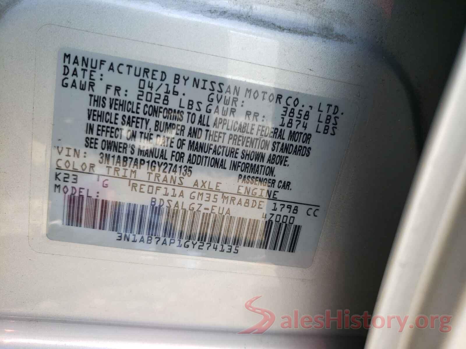 3N1AB7AP1GY274135 2016 NISSAN SENTRA