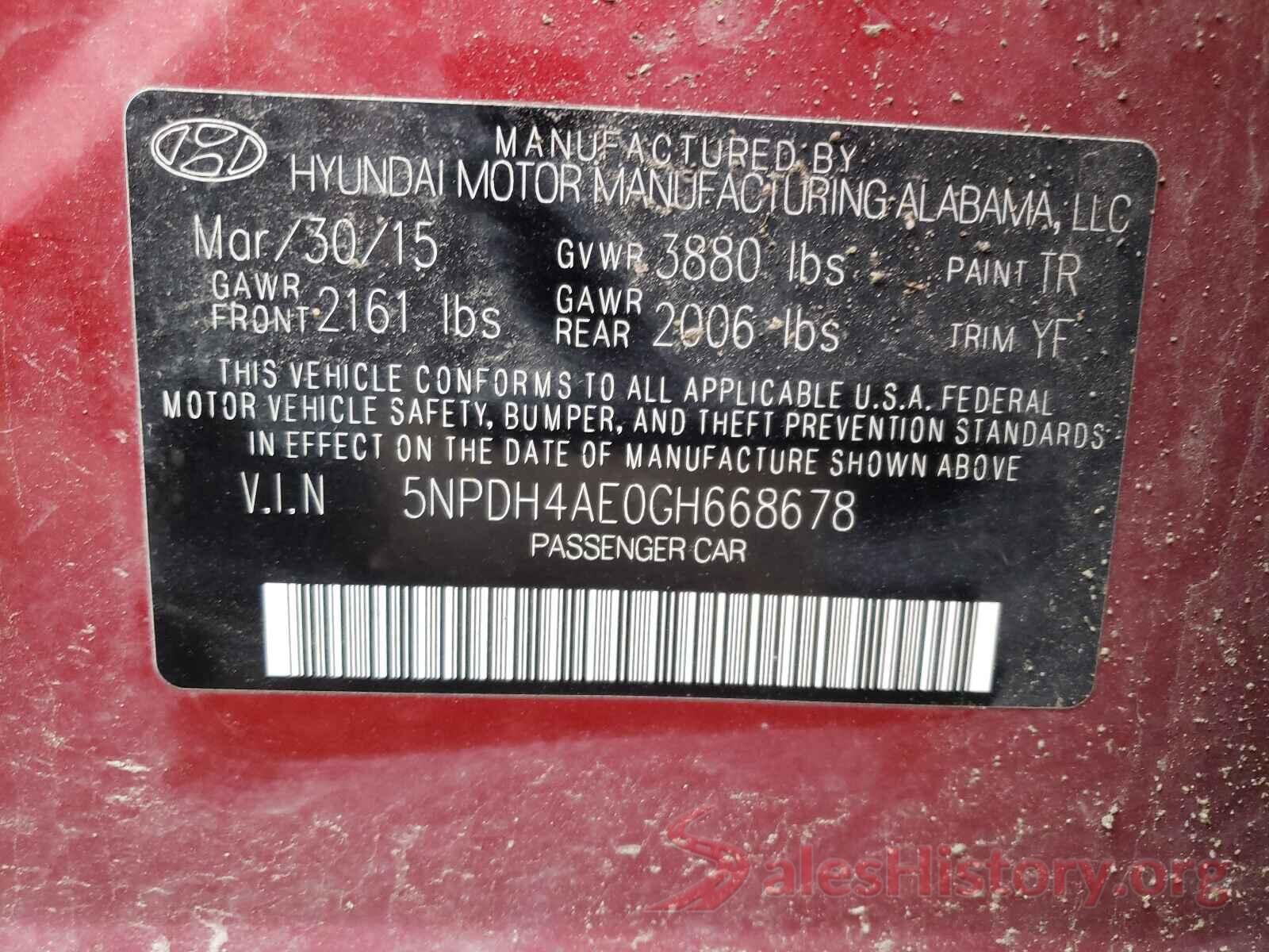 5NPDH4AE0GH668678 2016 HYUNDAI ELANTRA