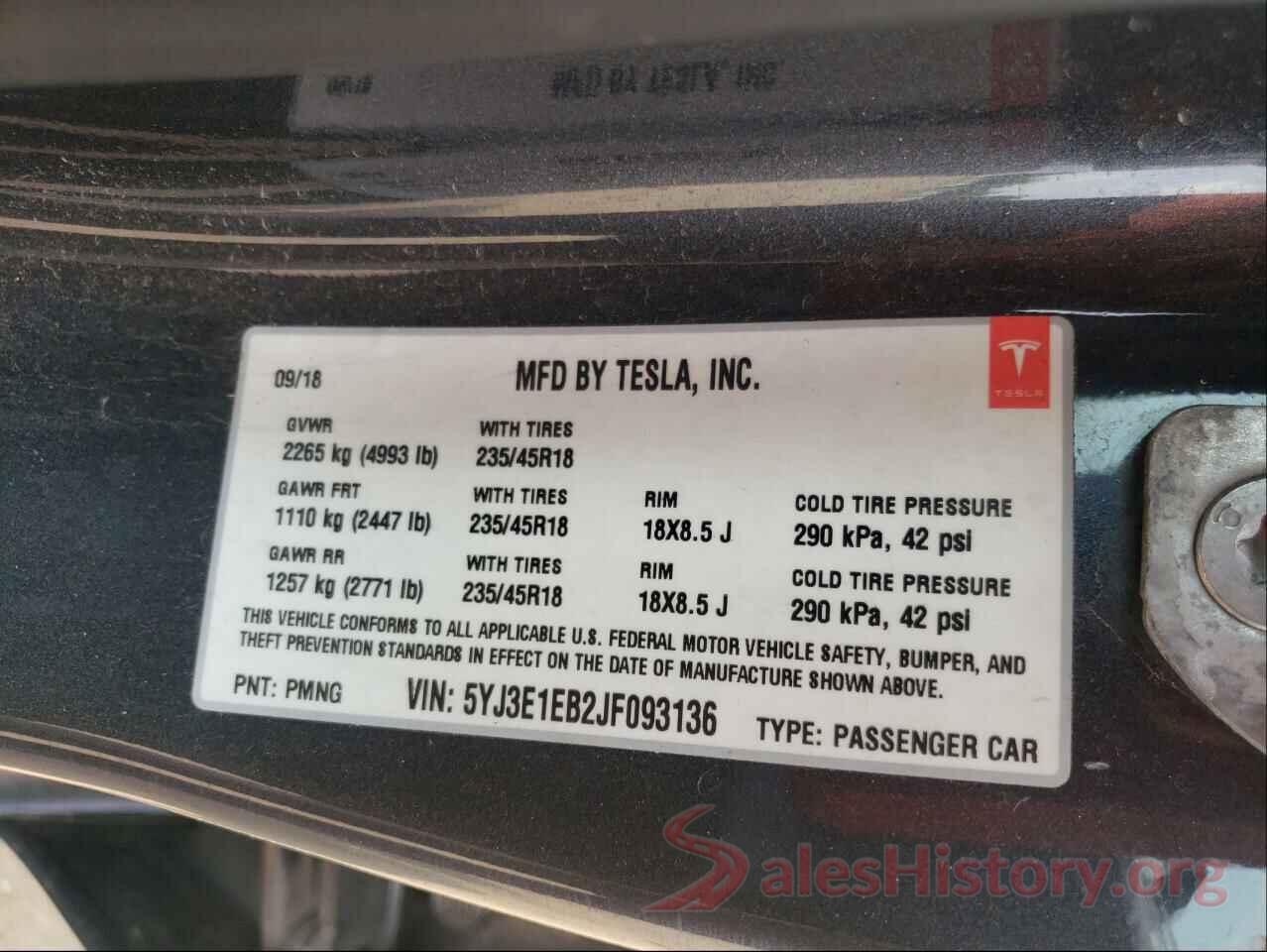 5YJ3E1EB2JF093136 2018 TESLA MODEL 3