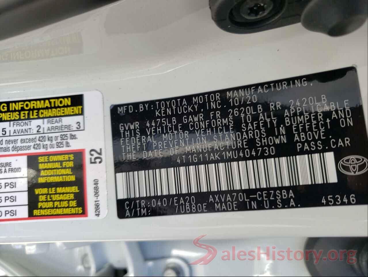 4T1G11AK1MU404730 2021 TOYOTA CAMRY