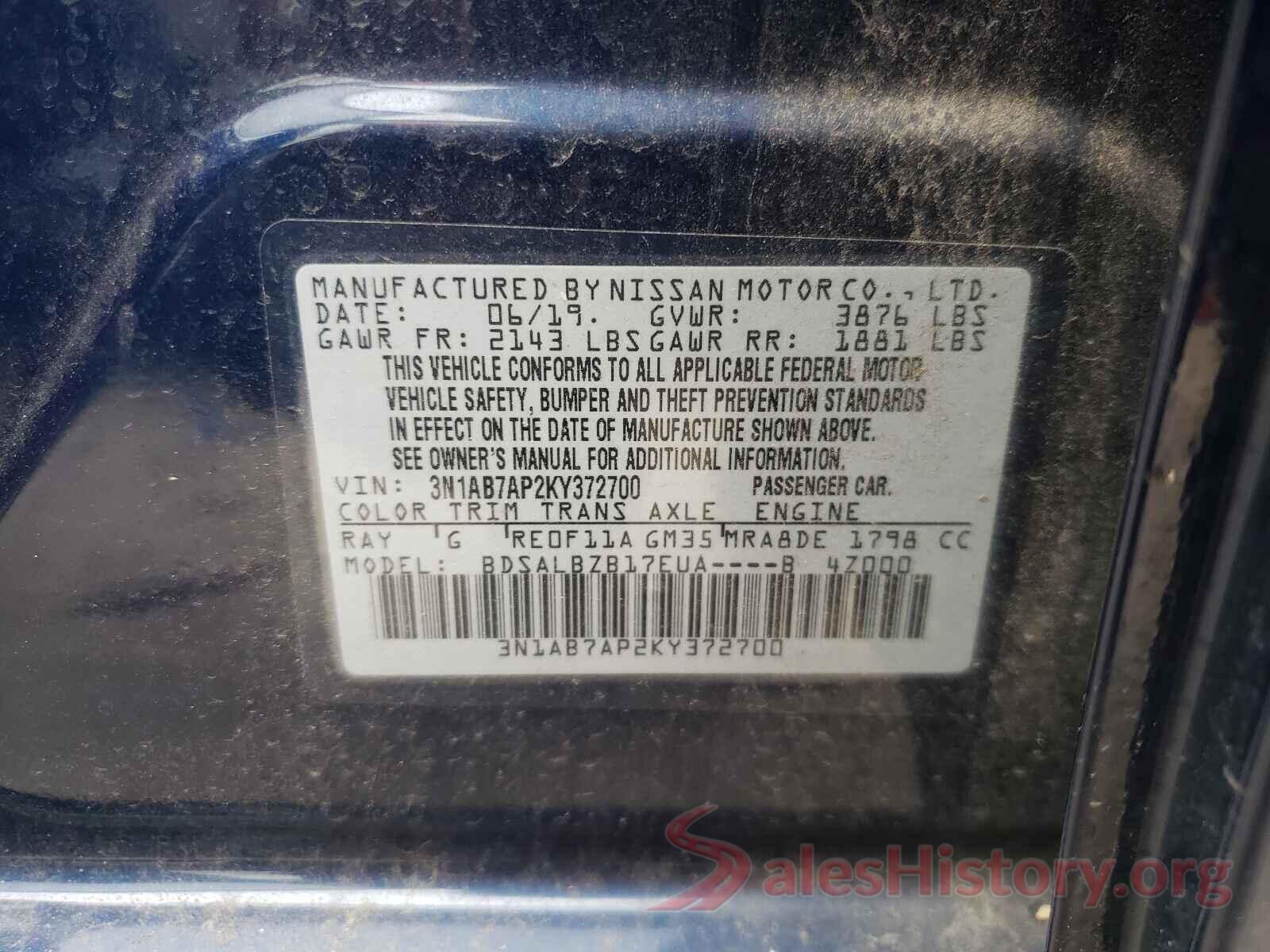 3N1AB7AP2KY372700 2019 NISSAN SENTRA