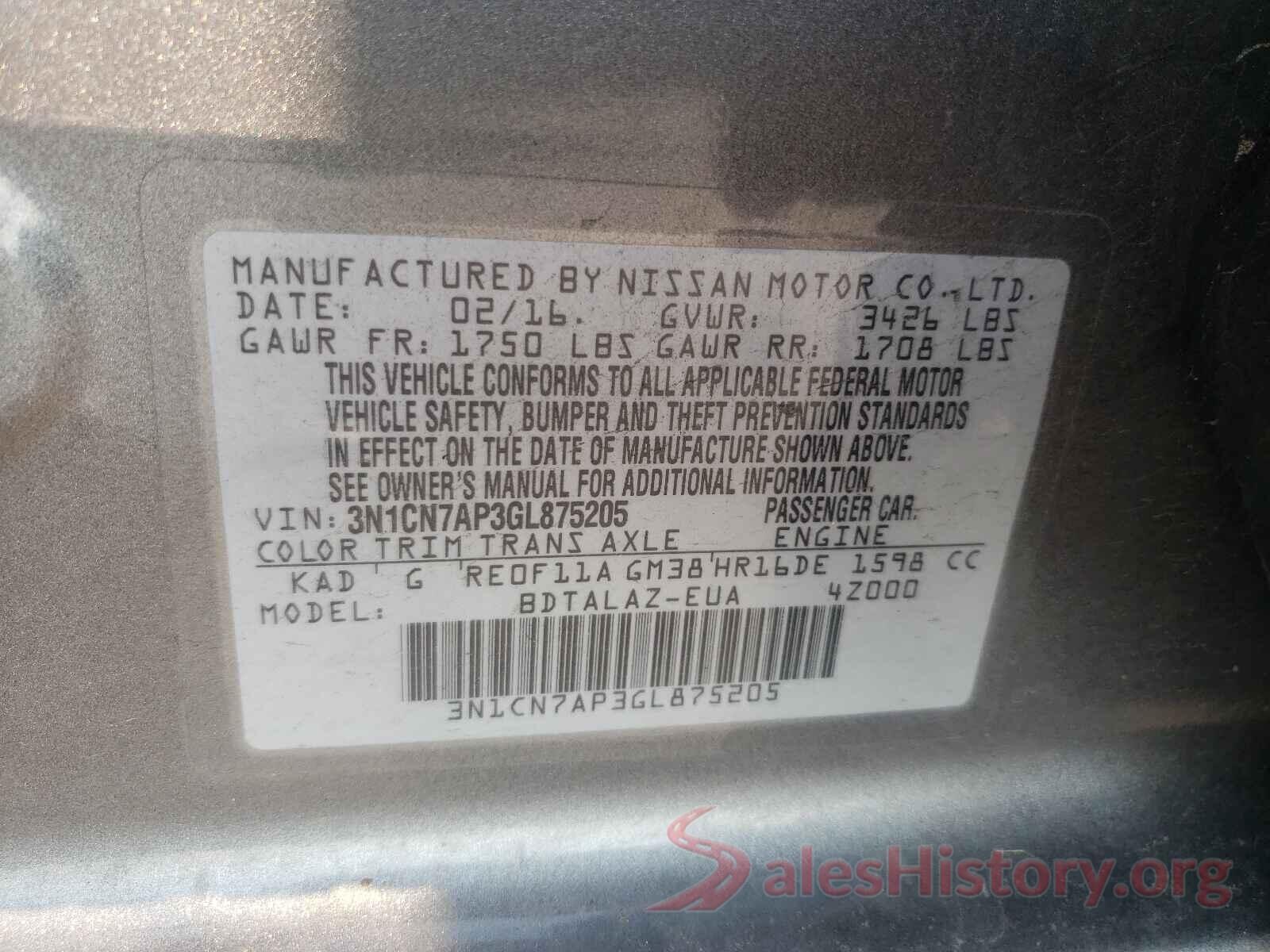 3N1CN7AP3GL875205 2016 NISSAN VERSA