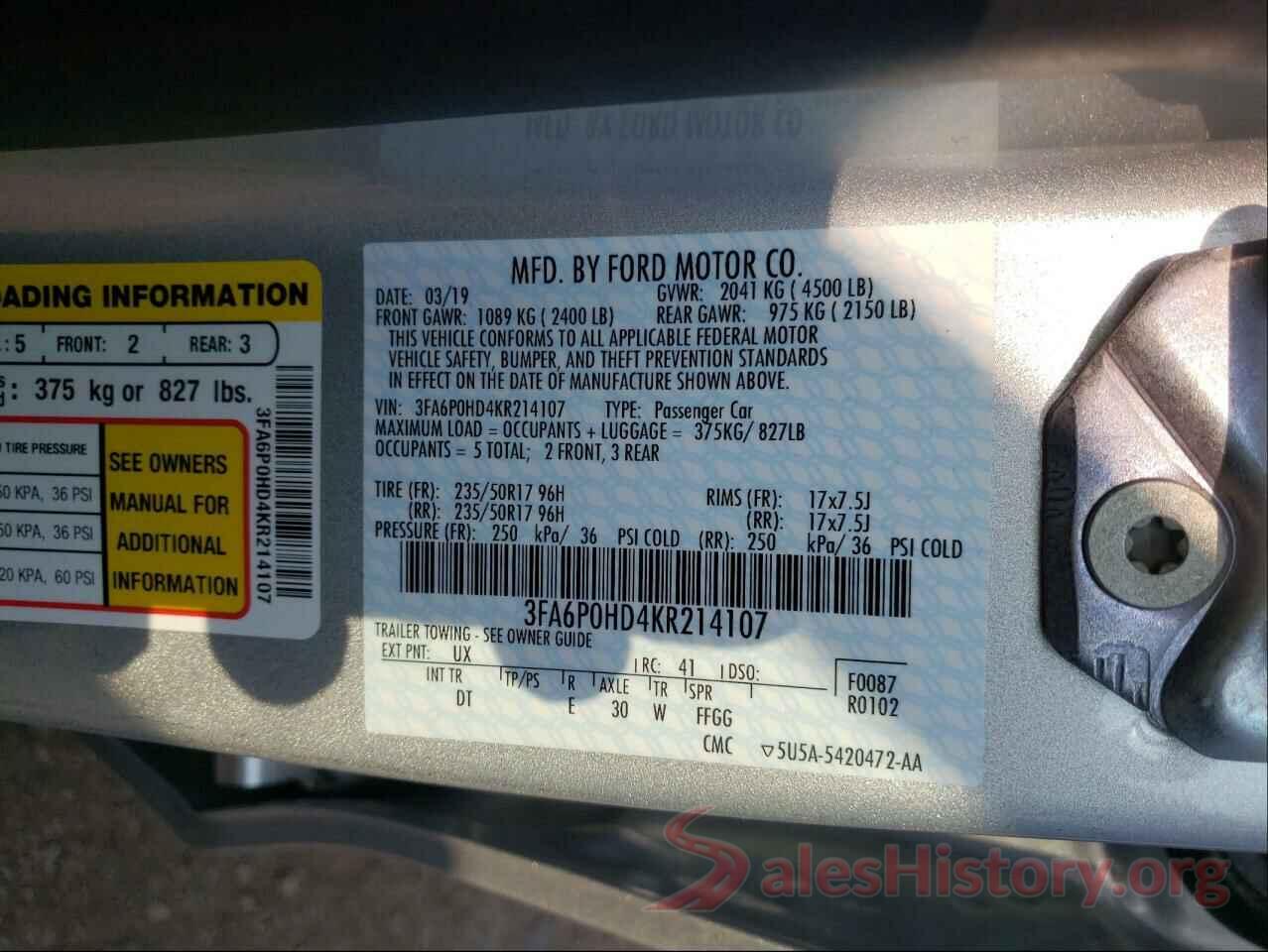 3FA6P0HD4KR214107 2019 FORD FUSION