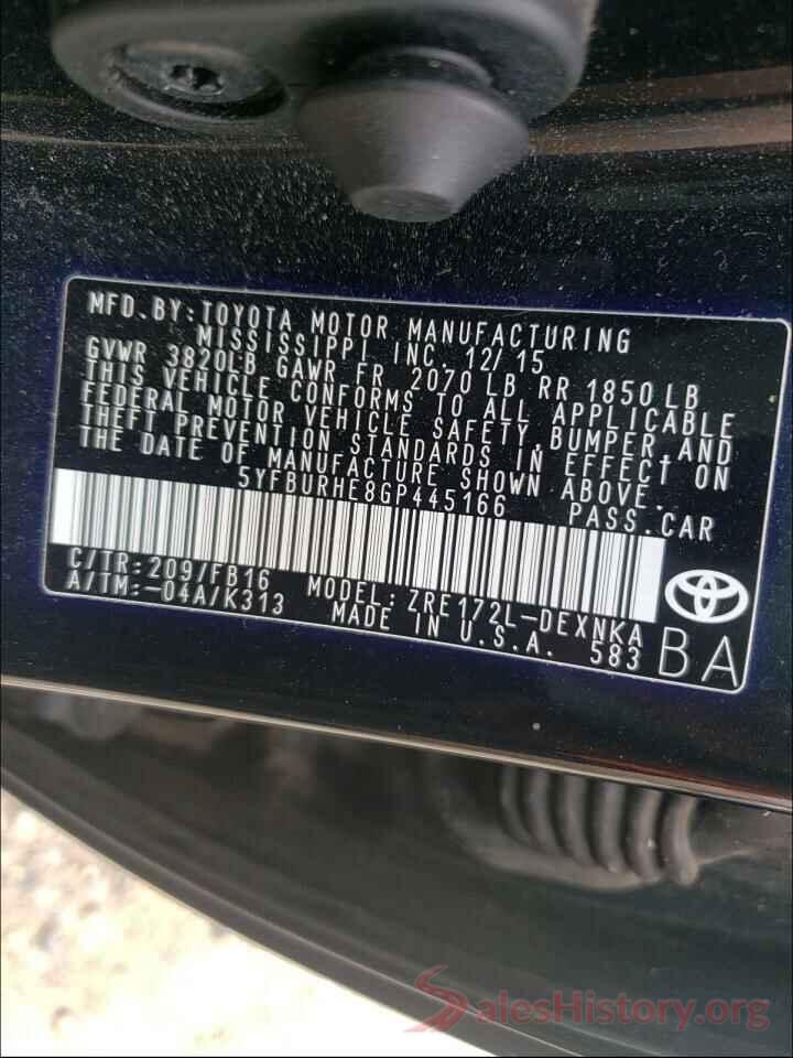 5YFBURHE8GP445166 2016 TOYOTA COROLLA