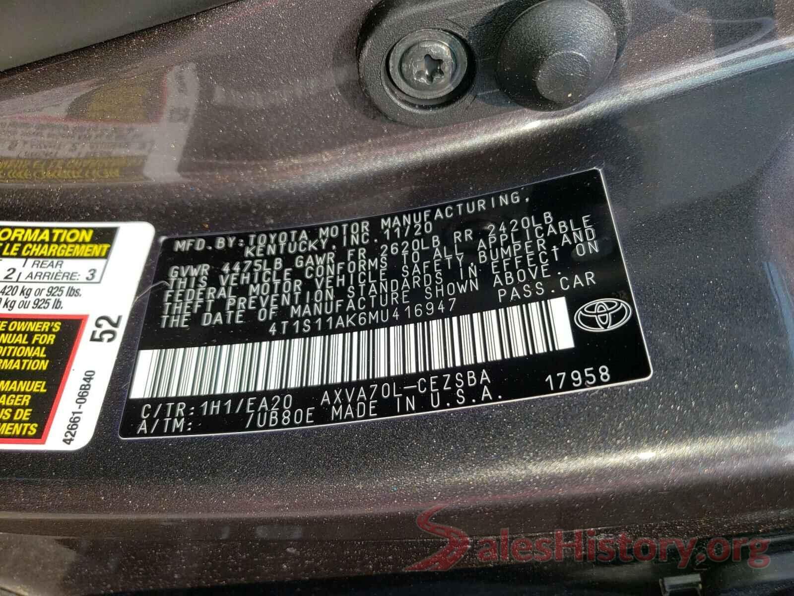 4T1S11AK6MU416947 2021 TOYOTA CAMRY