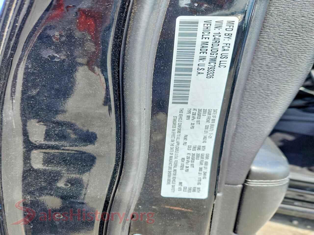 2021 DODGE DURANGO VIN 1C4RDJDG7MC793326, trunk area