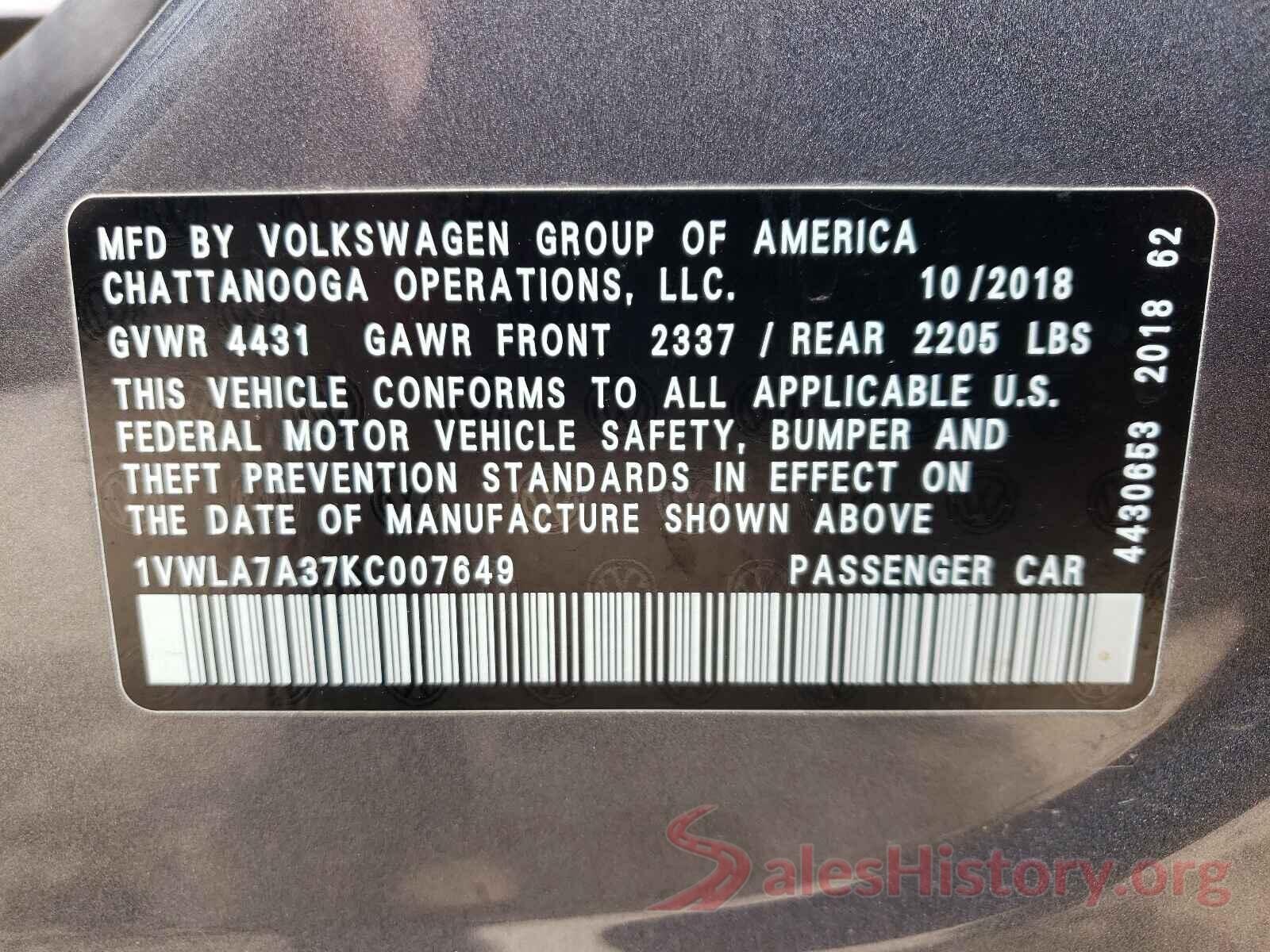 1VWLA7A37KC007649 2019 VOLKSWAGEN PASSAT