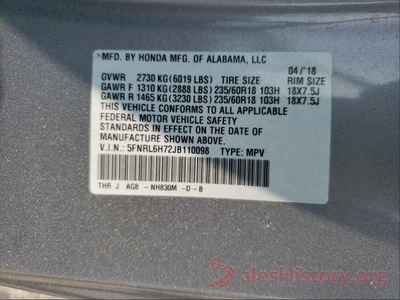 5FNRL6H72JB110098 2018 HONDA ODYSSEY